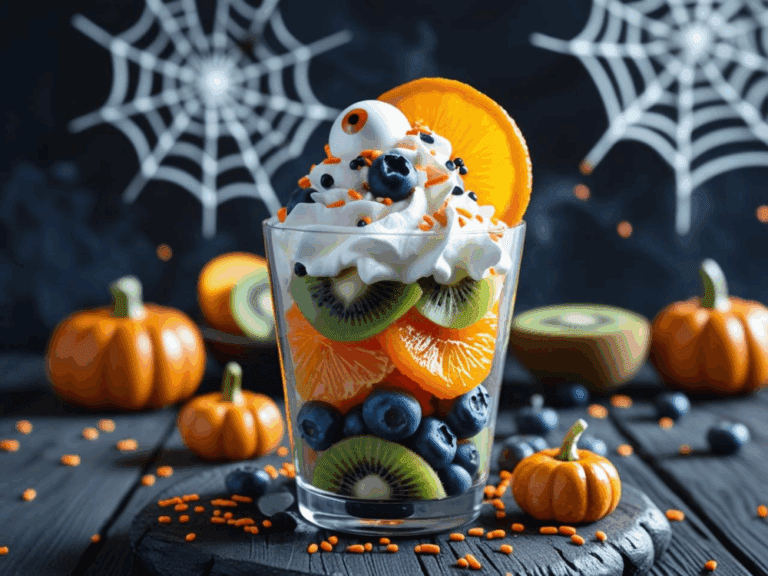 Tall Halloween fruit parfait layered with kiwi, oranges, blueberries, whipped cream, and candy sprinkles.