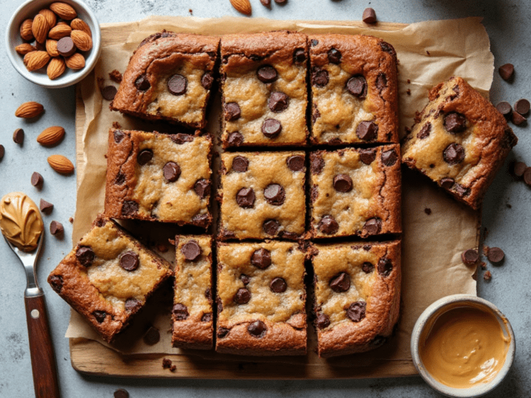 Squares of almond butter blondies filled with chocolate chips, arranged on parchment paper.