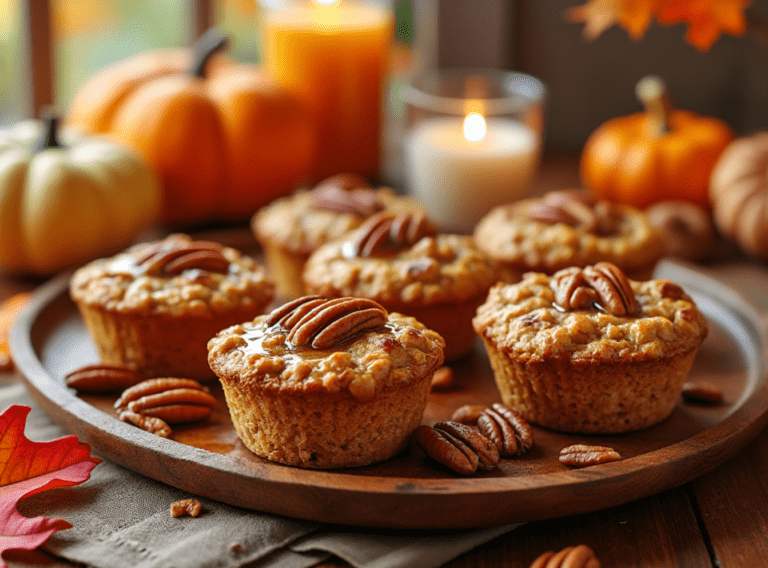 Maple Pecan Baked Oatmeal Cups with festive fall decor in the background, including pumpkins and candles.