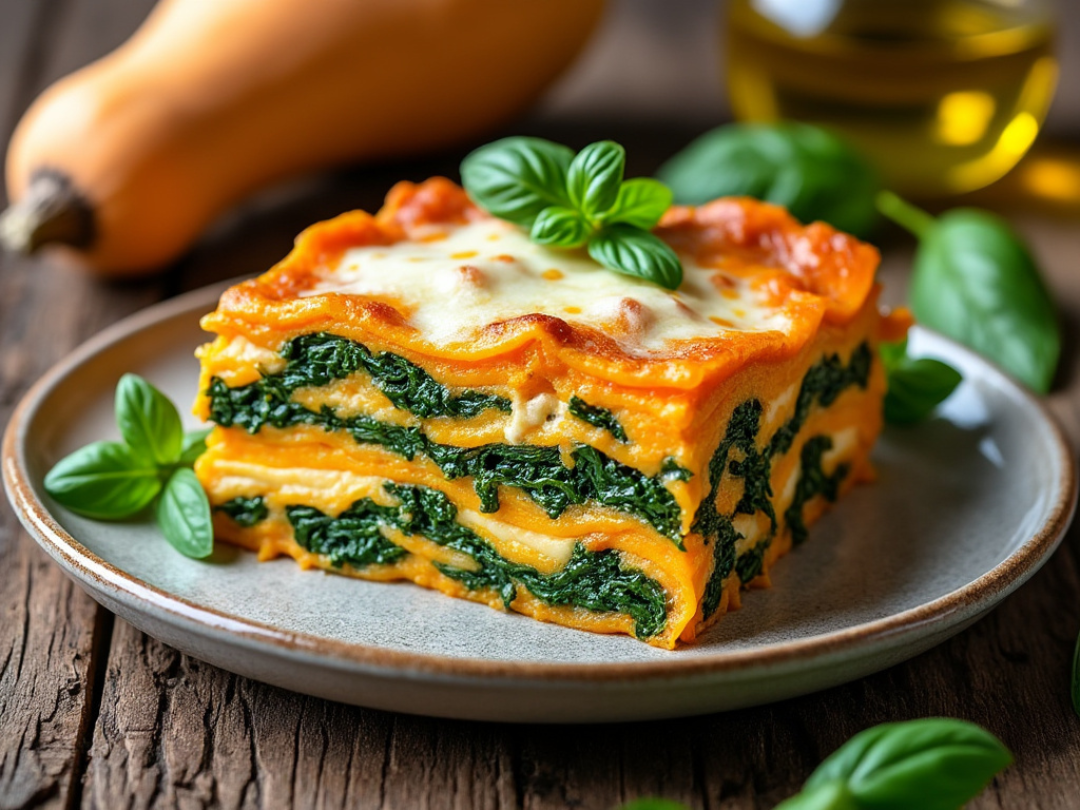 Butternut squash and spinach lasagna with fresh basil garnish, cut into slices in a white baking dish.