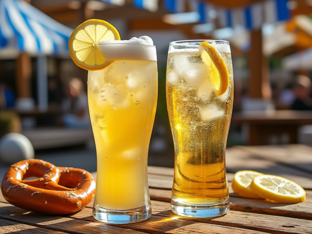 Two Radlers with lemon garnish served with pretzels at an outdoor table.