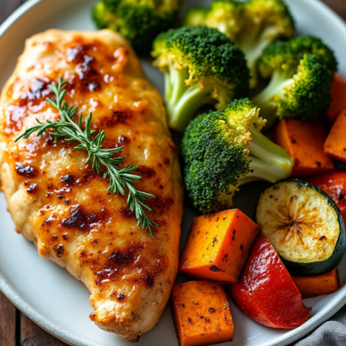 Perfectly cooked maple Dijon chicken breast served with roasted broccoli, zucchini, sweet potatoes, and red bell peppers.