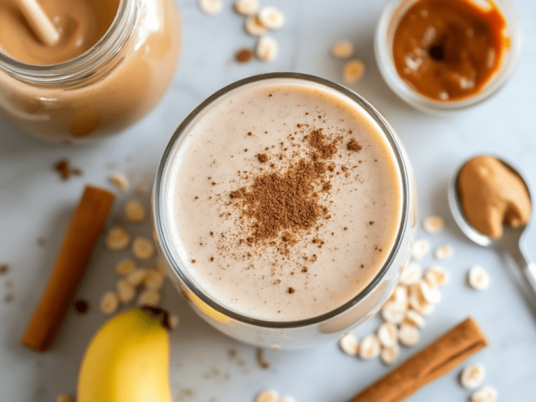 Cinnamon Roll Smoothie with oats, cinnamon sticks, and almond butter