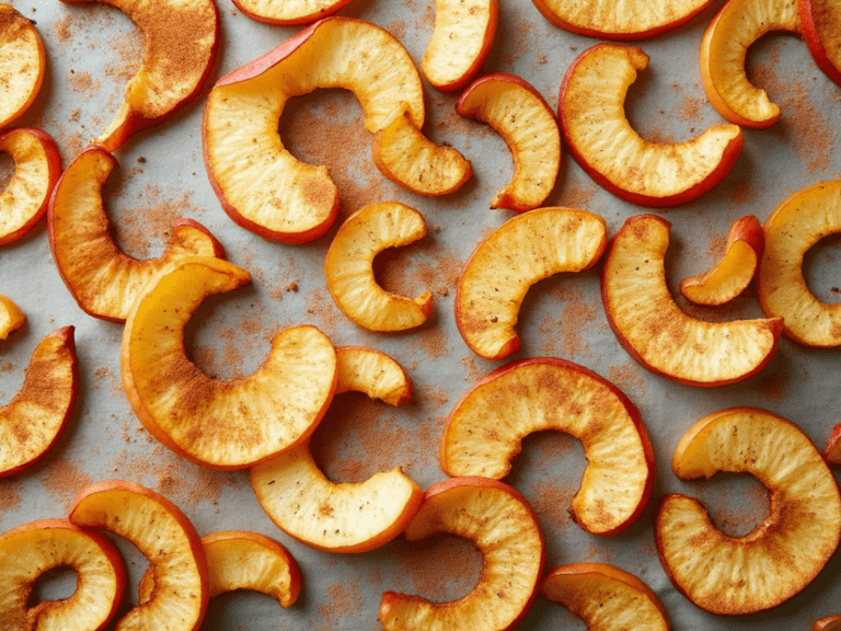 Sliced baked apple chips with cinnamon on a baking tray.