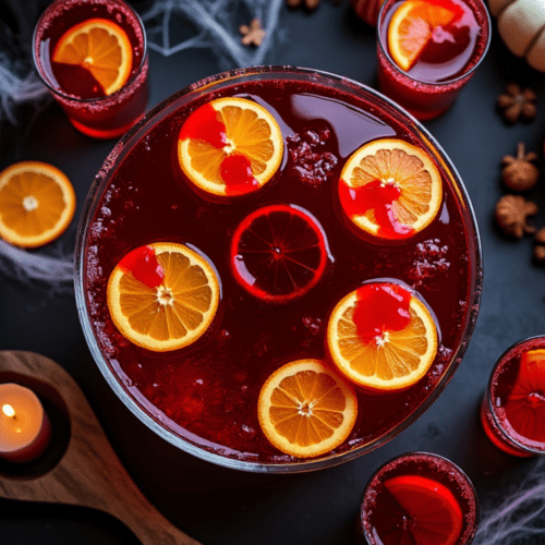 Halloween Vampire Punch with orange slices and spider decorations.