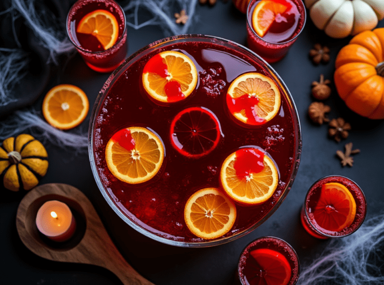 Halloween Vampire Punch with orange slices and spider decorations.