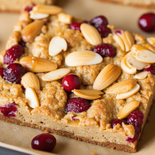 A single Cranberry Almond Breakfast Bar topped with sliced almonds and cranberries on a parchment-lined baking sheet.