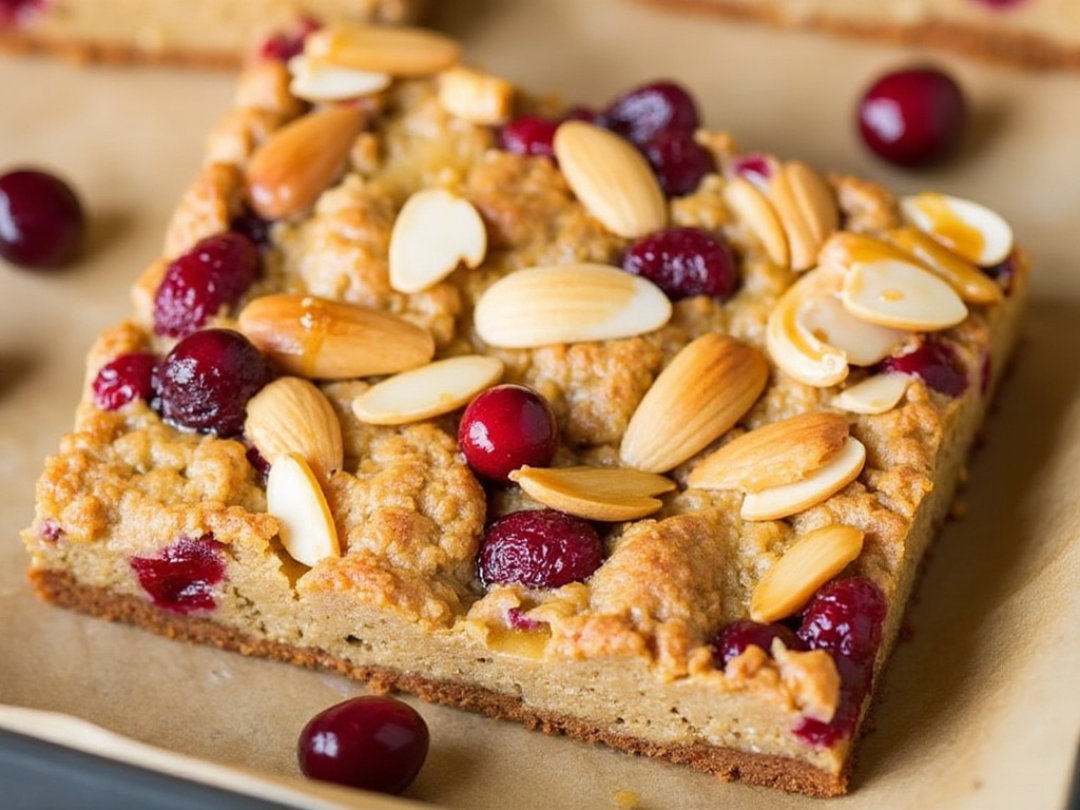 A single Cranberry Almond Breakfast Bar topped with sliced almonds and cranberries on a parchment-lined baking sheet.