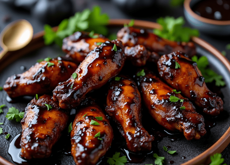 A serving of dark, shiny balsamic glazed chicken wings on a black plate with fresh parsley.