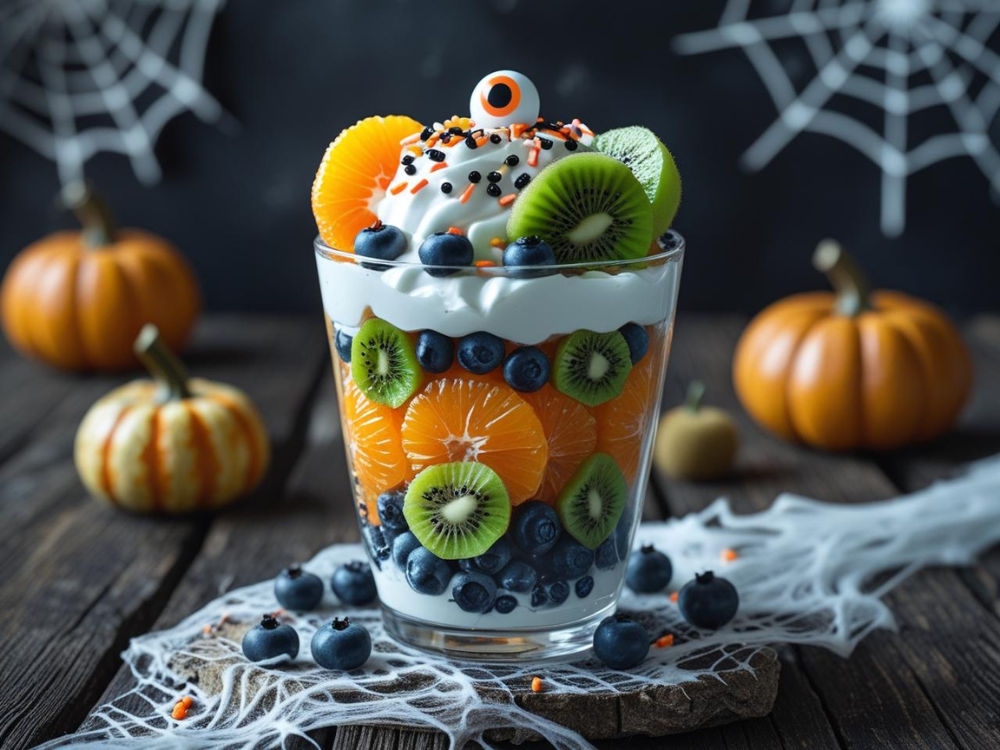 Halloween fruit parfait with whipped cream and candy eye on top, layered with blueberries, kiwi, and orange slices.