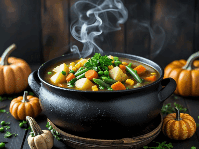 Steaming cauldron of vegetable soup garnished with parsley and surrounded by pumpkins.