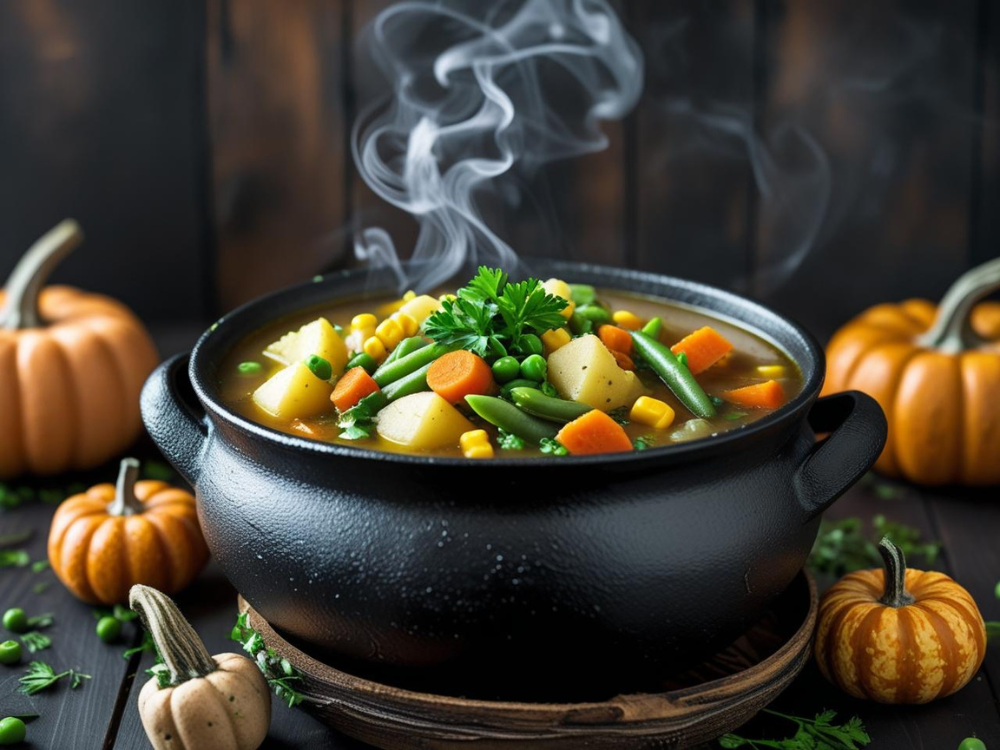 Steaming cauldron of vegetable soup garnished with parsley and surrounded by pumpkins.