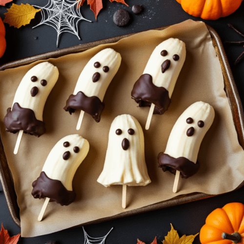 Halloween Banana Ghosts with Autumn Leaves and Pumpkins