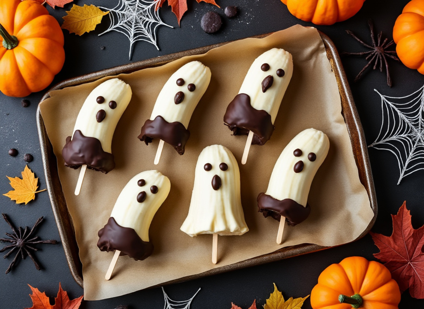 Halloween Banana Ghosts with Autumn Leaves and Pumpkins