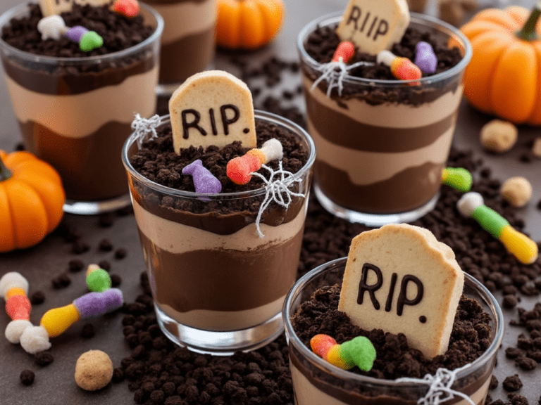 Graveyard pudding cups with RIP tombstones and Halloween decor on a black table