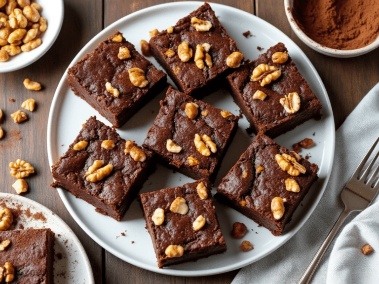 Rich sweet potato brownies on a white plate, garnished with walnuts and surrounded by clean-eating ingredients like cocoa powder and sweet potatoes.