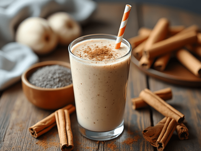 Cinnamon Maple Smoothie in a glass with a striped straw, surrounded by cinnamon sticks and chia seeds on a wooden table.