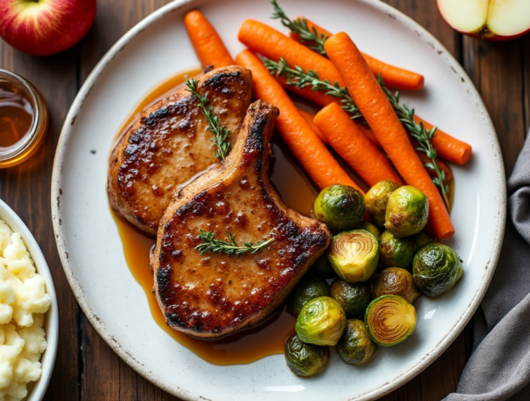 Apple Cider Glazed Pork Chop with carrots, Brussels sprouts, and fresh apple slices on a rustic plate.