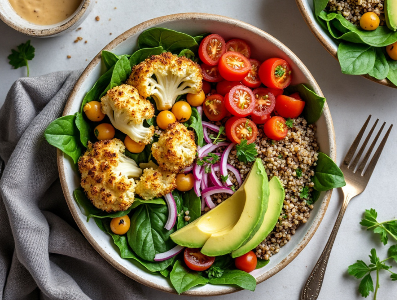 Roasted cauliflower, cherry tomatoes, and avocado slices in a bowl with quinoa and spinach.