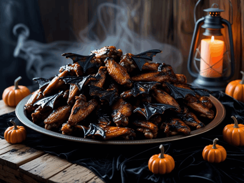 Halloween platter of balsamic glazed chicken wings with decorative bat wings, pumpkins, lantern, and smoky fog.