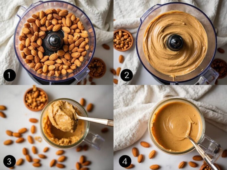 Step-by-step process of making almond butter, from whole roasted almonds in a food processor to creamy butter, with a spoonful of finished product, a jar, and scattered almonds on a kitchen counter under warm lighting.