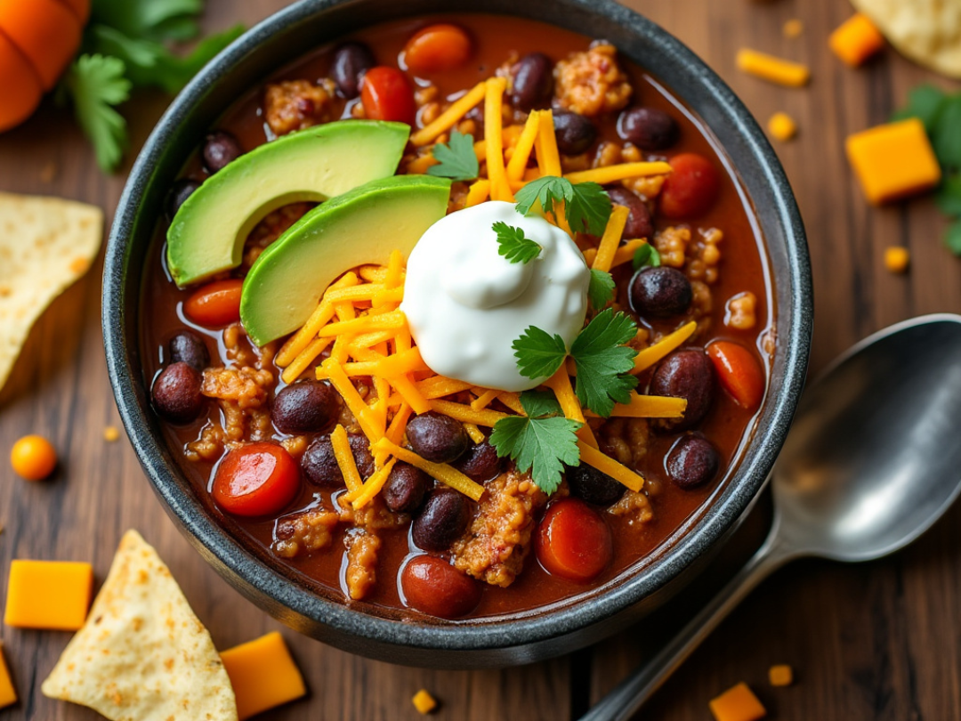 Turkey pumpkin chili served in a rustic setting with tortilla chips and avocado.