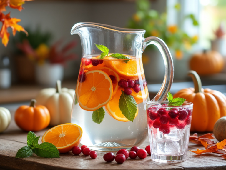 A pitcher of Cranberry and Orange Infused Water with orange slices and cranberries, set on a rustic wooden table, surrounded by fall leaves and pumpkins.