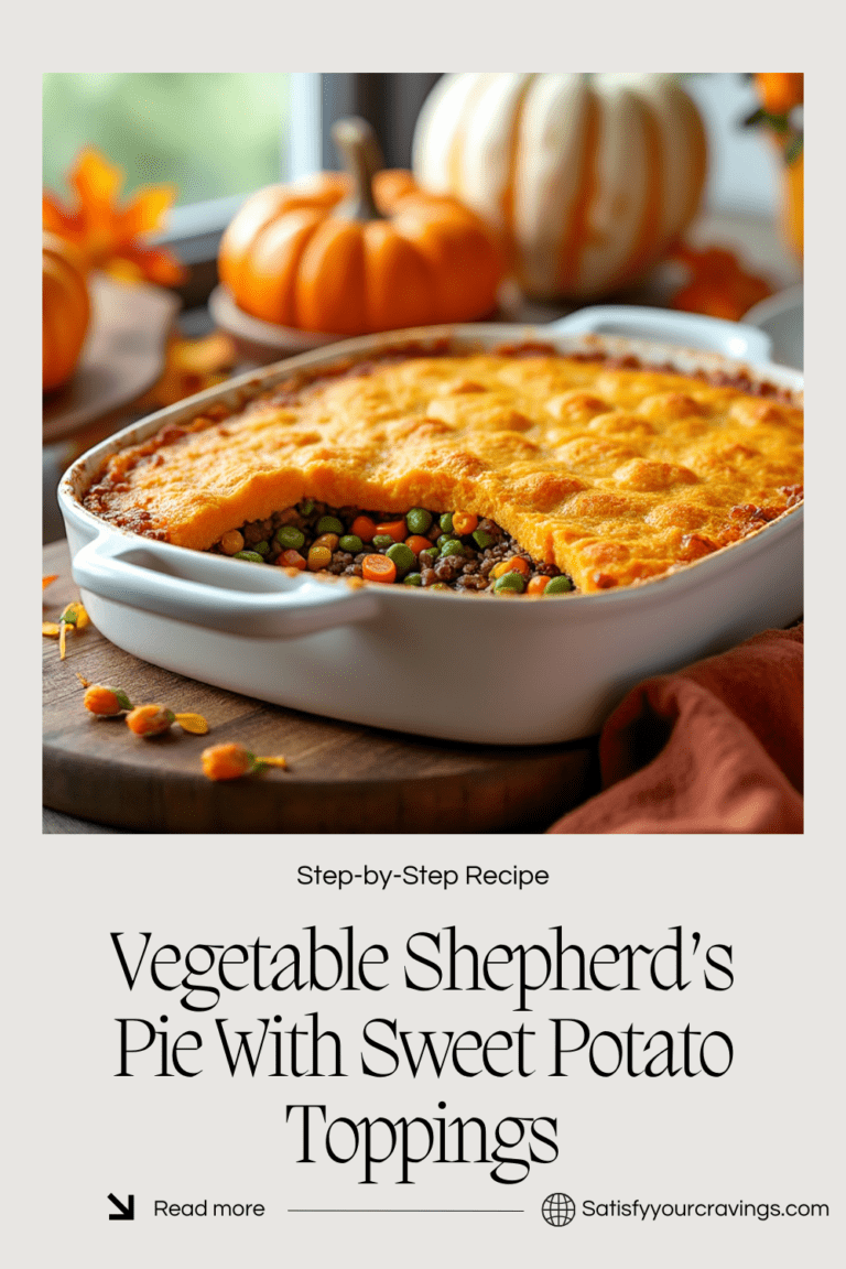 A bright fall-themed poster showcasing Vegetable Shepherd’s Pie with Sweet Potato Topping, highlighting a step-by-step recipe.