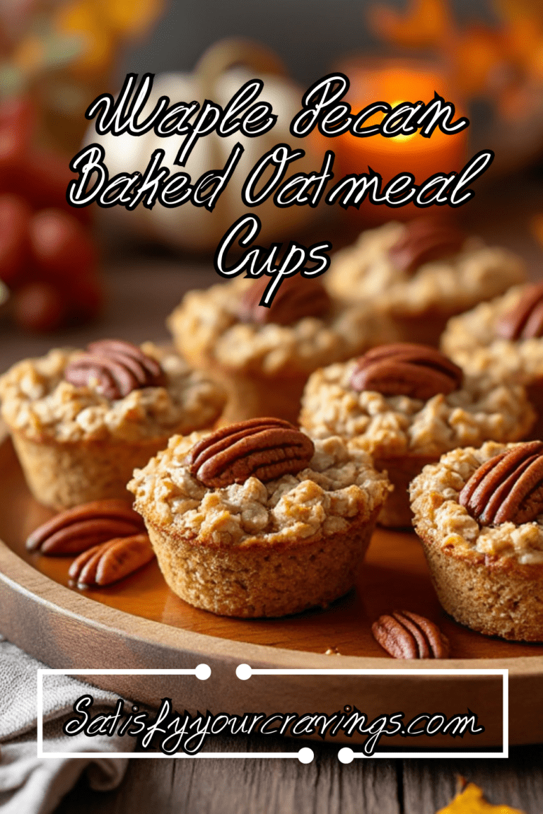 A close-up of Maple Pecan Baked Oatmeal Cups with the text "Maple Pecan Baked Oatmeal Cups" and the blog URL "satisfyyourcravings.com."