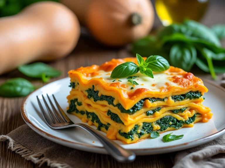 A close-up of dairy-free butternut squash and spinach lasagna with layers of spinach, noodles, and butternut squash.