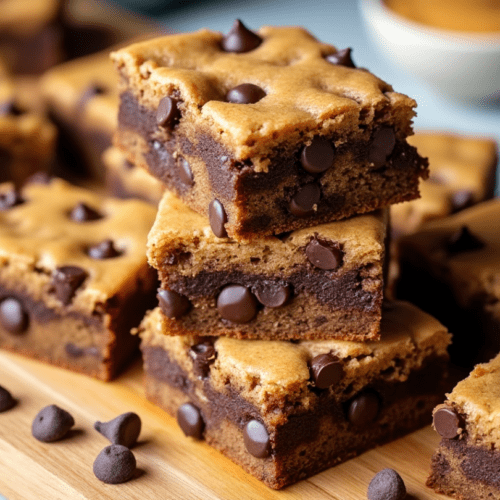 Almond butter and chocolate chip blondies cut into large squares with a bowl of almond butter on the side.