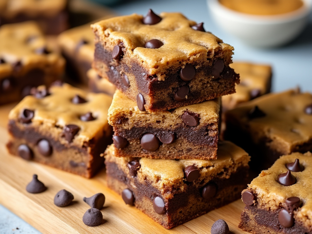 Almond butter and chocolate chip blondies cut into large squares with a bowl of almond butter on the side.