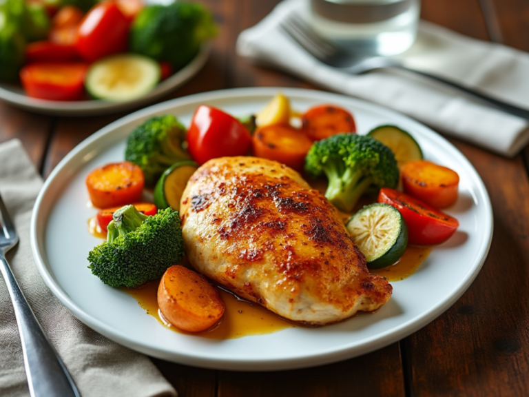 Maple Dijon chicken with roasted vegetables, including broccoli, sweet potatoes, zucchini, and bell peppers, served on a white plate.