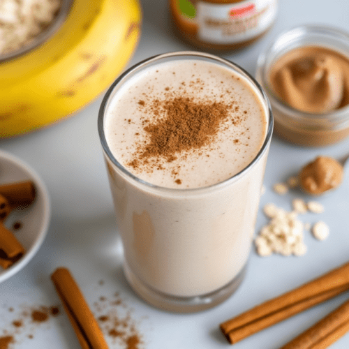 Top view of Cinnamon Roll Smoothie with cinnamon and almond butter