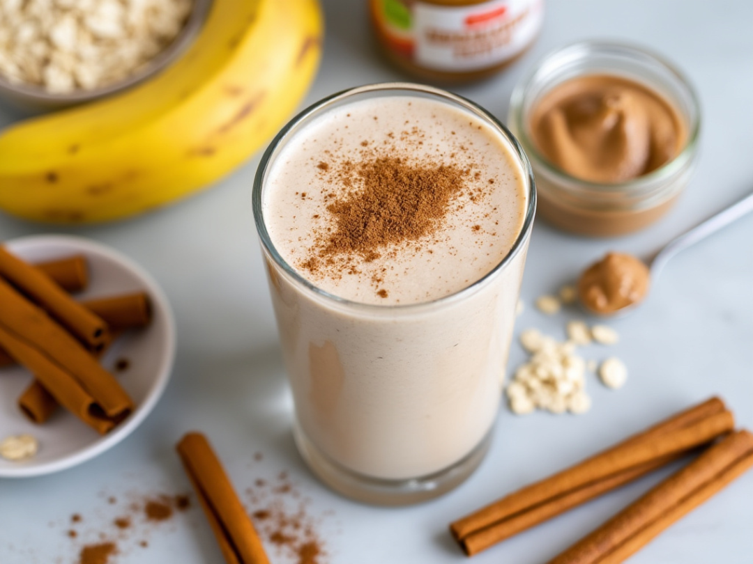 Top view of Cinnamon Roll Smoothie with cinnamon and almond butter