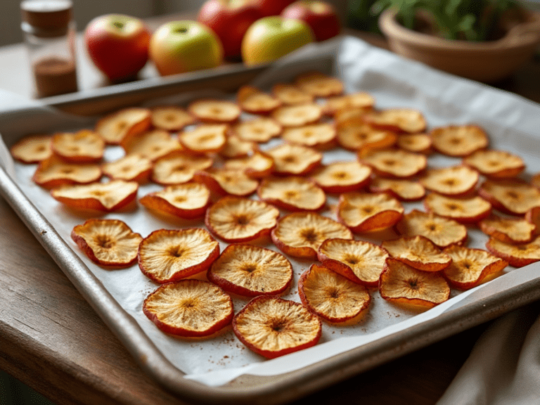 A baking tray filled with homemade apple chips dusted with cinnamon.