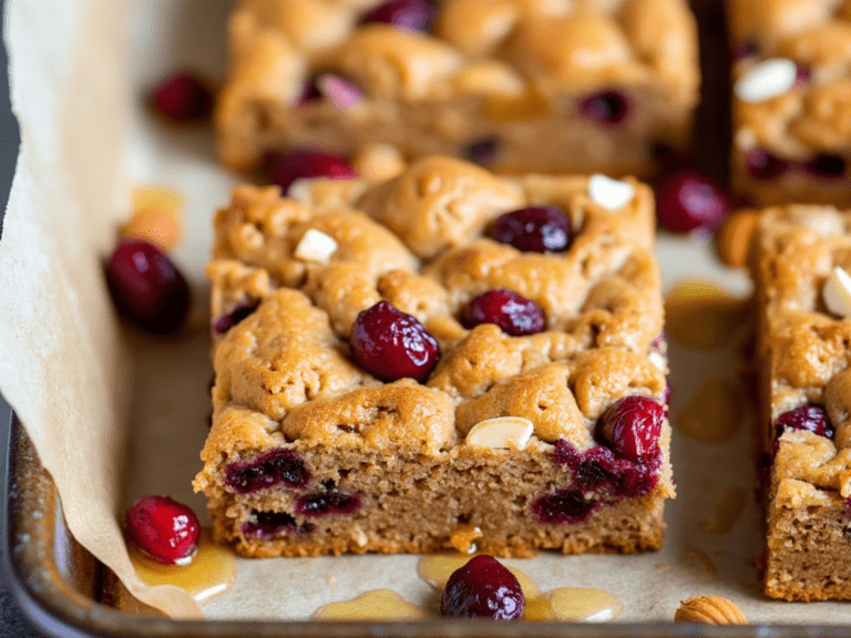 Close-up of Cranberry Almond Breakfast Bars with scattered almonds and cranberries in the background.