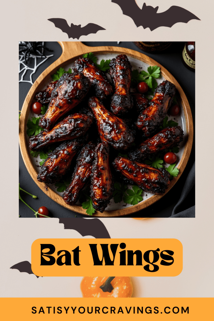 A promotional image for Bat Wings with balsamic glazed chicken wings on a wooden platter surrounded by Halloween-themed decorations.