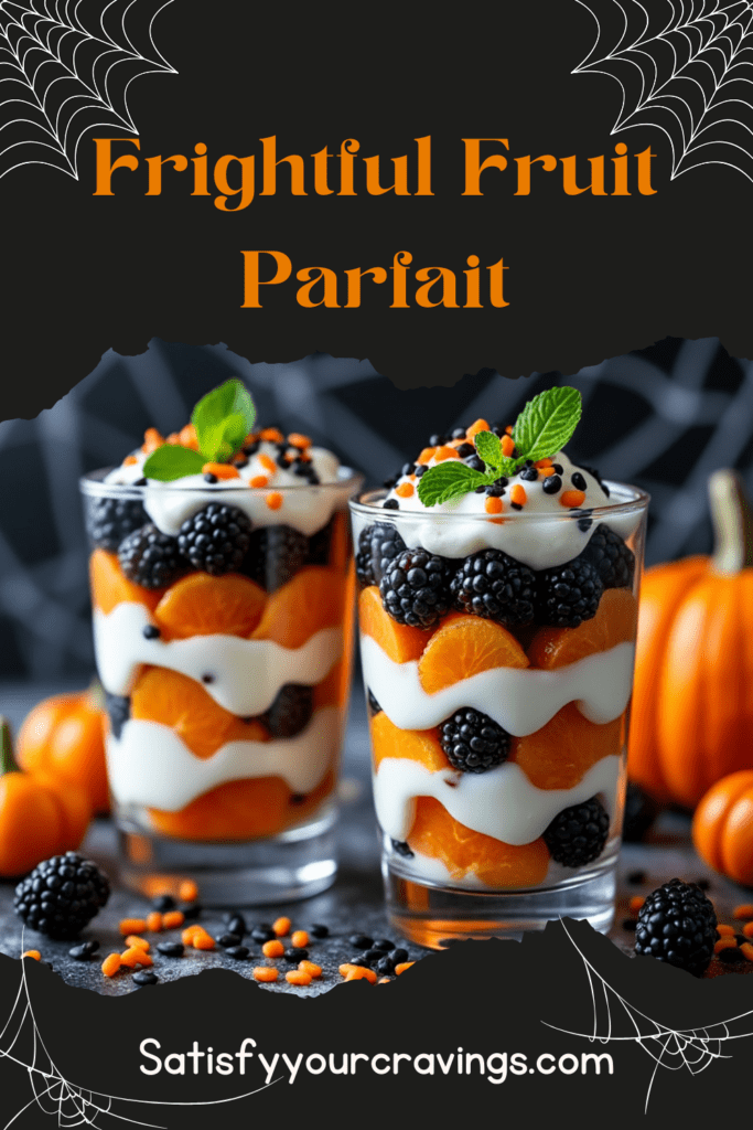 Halloween-themed parfait with layers of yogurt, blackberries, and orange slices, with pumpkins and spiderweb decorations in the background.