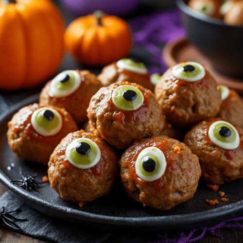 Plate of Halloween meatballs with green olive eyeballs on a dark Halloween-themed background.