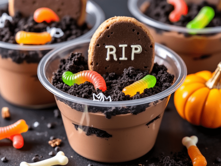 Halloween dessert table with graveyard pudding cups, pumpkins, and candy decorations