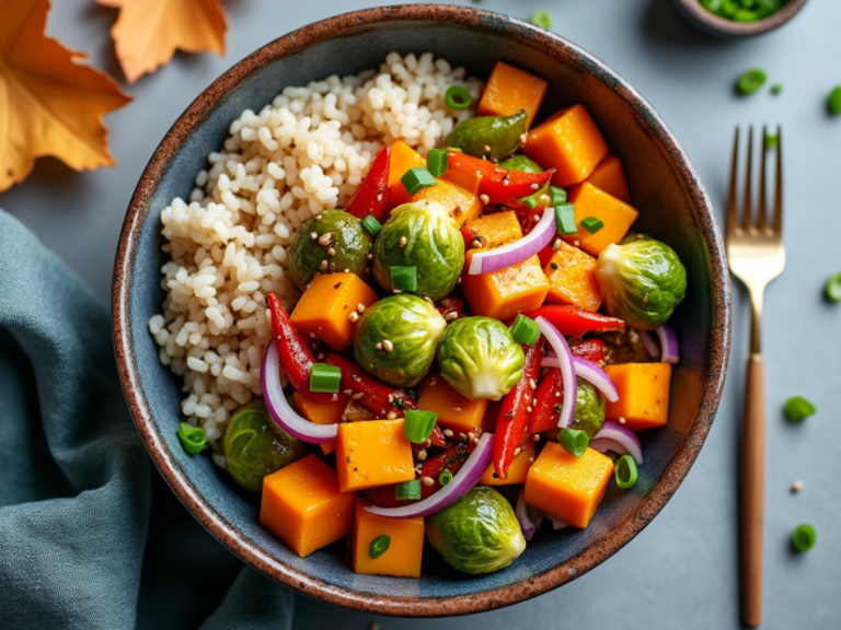 A bowl of brown rice topped with a variety of autumn vegetables like butternut squash, Brussels sprouts, and red bell peppers.