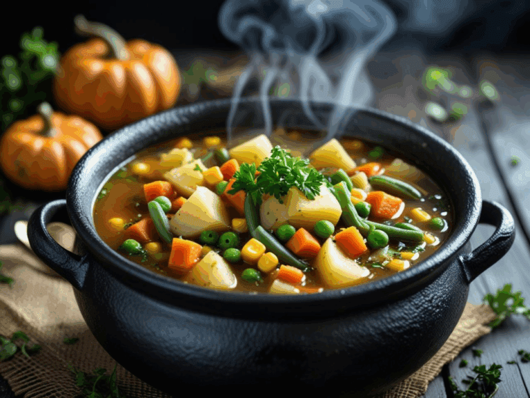 Close-up of cauldron veggie soup with parsley garnish, pumpkins in the background.