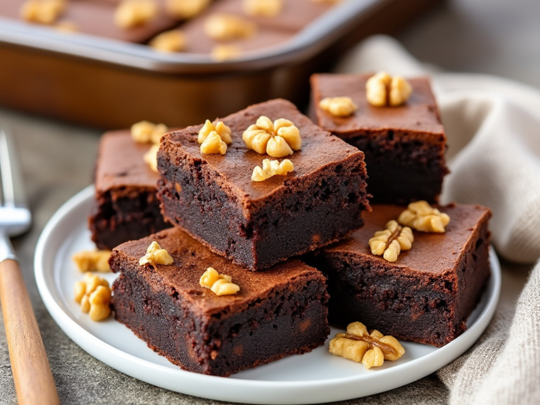 Plate of sweet potato brownies topped with walnuts, with a light dusting of cocoa powder, perfect for clean-eating and gluten-free diets.