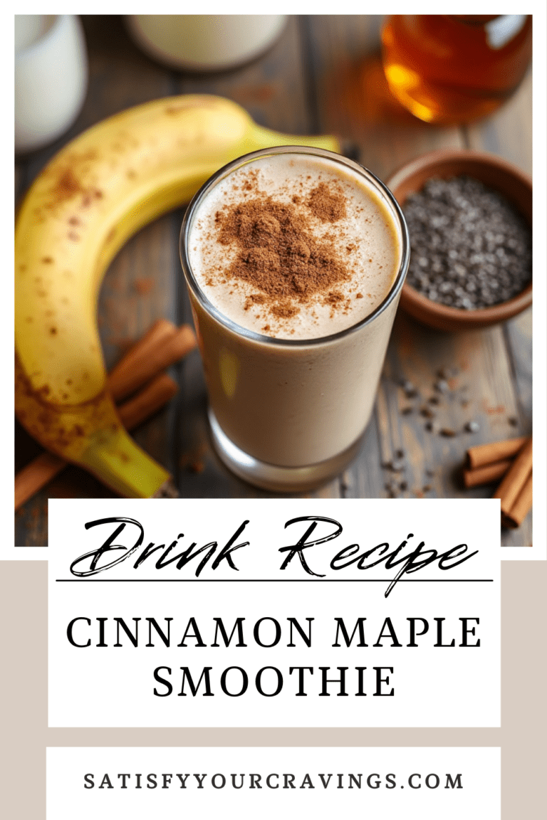 Cinnamon Maple Smoothie in a tall glass with bananas and cinnamon sticks, a Pinterest-friendly design with text "Drink Recipe: Cinnamon Maple Smoothie."