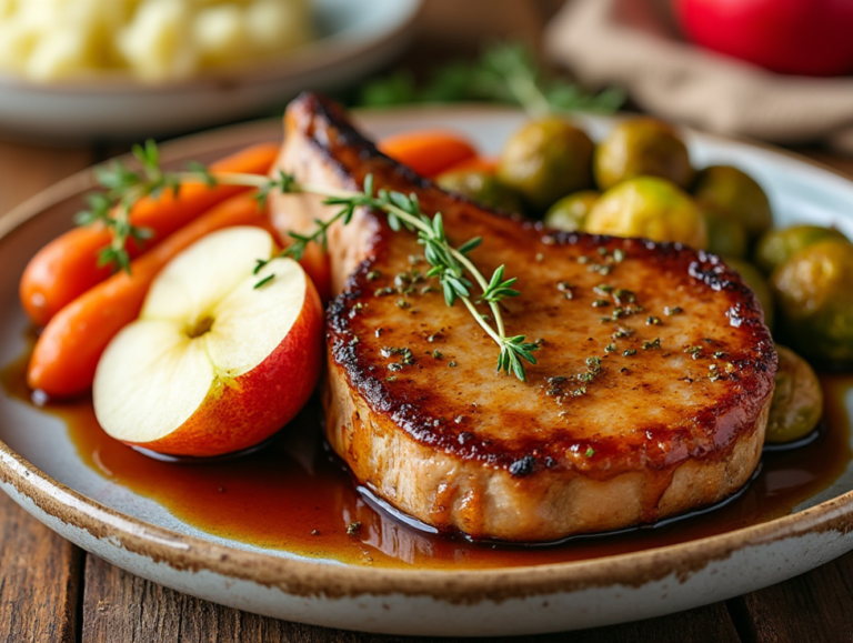 Apple Cider Glazed Pork Chops with carrots, Brussels sprouts, and mashed potatoes served on a white plate.