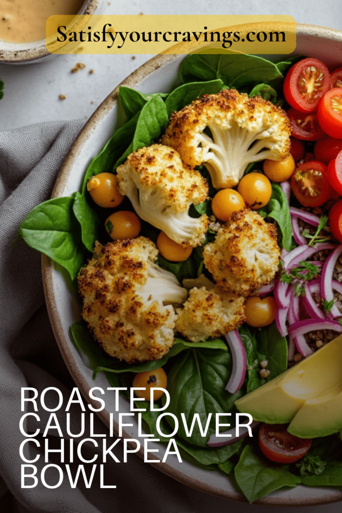 Roasted cauliflower and chickpeas in a bowl with avocado, quinoa, cherry tomatoes, and tahini dressing.