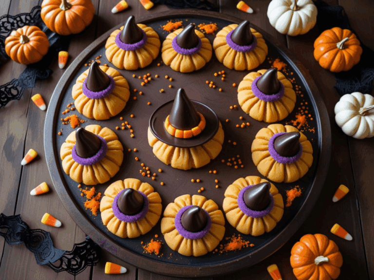 Round tray of pumpkin cookies topped with chocolate witch hats, one large cookie in the center with an orange candy corn band, surrounded by candy corn and mini pumpkins.