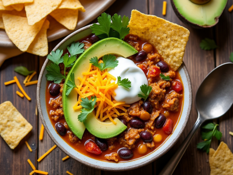 A bowl of turkey pumpkin chili topped with avocado slices, sour cream, and shredded cheese.