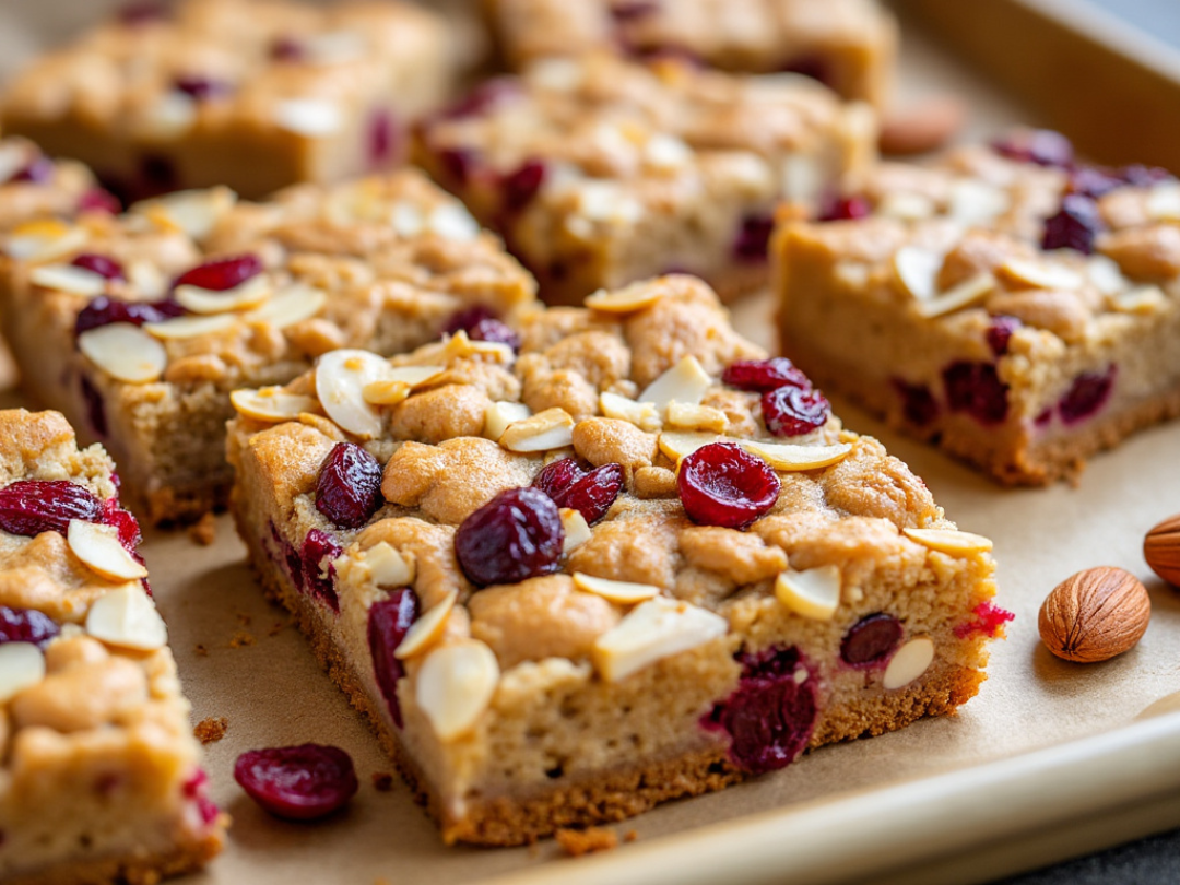 Close-up of Cranberry Almond Breakfast Bars with scattered almonds and cranberries in the background.